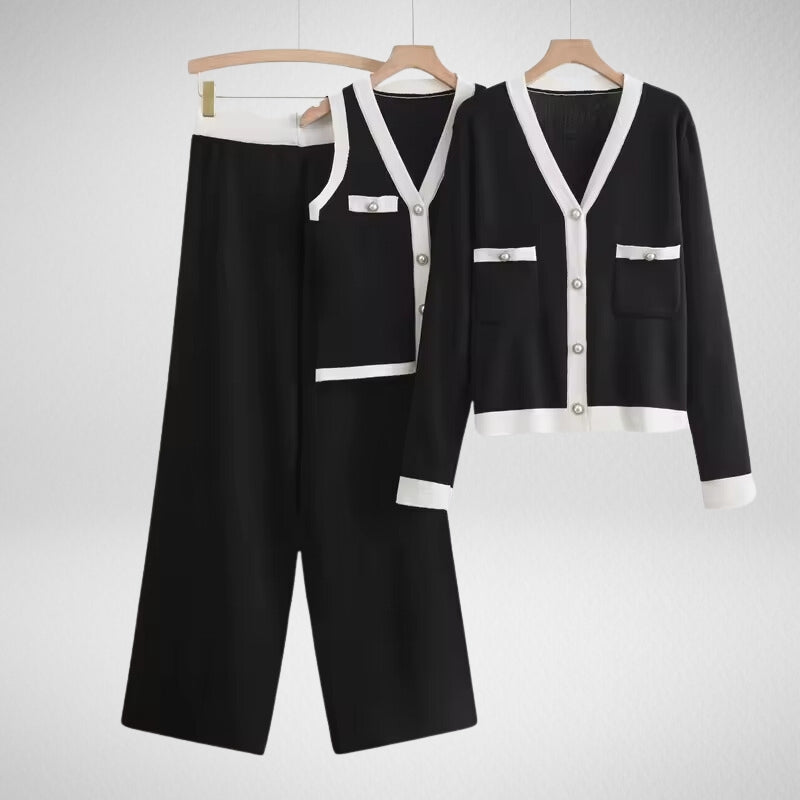 Stylish women's 3-piece lounge set with pearl buttons. Versatile cotton blend day-to-night outfit in black.