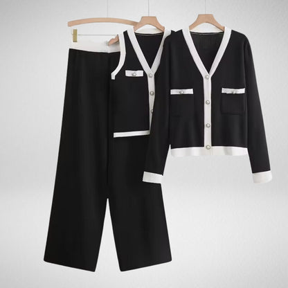 Stylish women's 3-piece lounge set with pearl buttons. Versatile cotton blend day-to-night outfit in black.