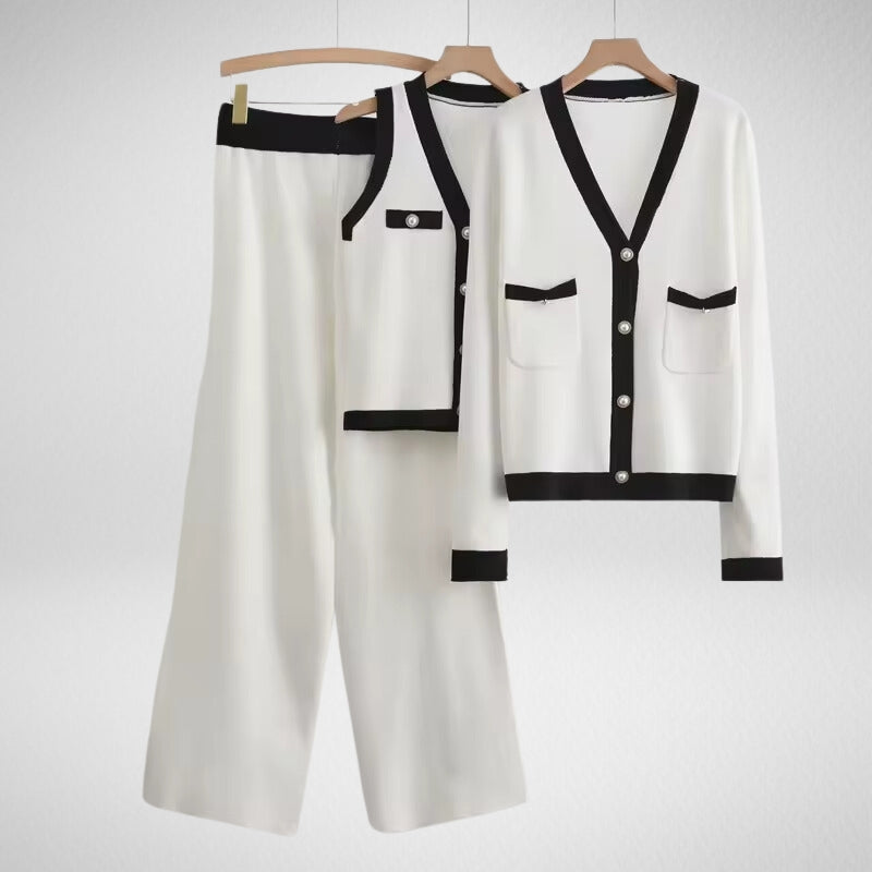 Comfy women's 3-piece elegant lounge wear in white. Cotton blend casual outfit, perfect for day-to-night style.