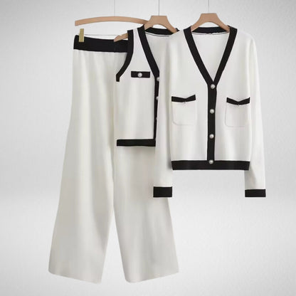 Comfy women's 3-piece elegant lounge wear in white. Cotton blend casual outfit, perfect for day-to-night style.