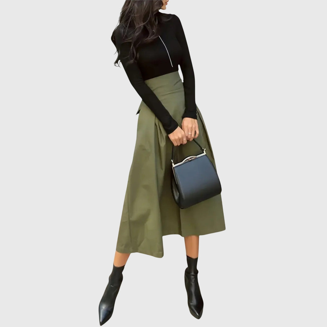 Elegant women's A-line midi skirt in a versatile green, perfect for office or chic casual wear.
