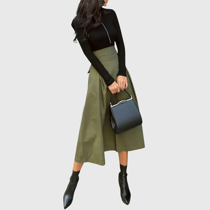 Elegant women's A-line midi skirt in a versatile green, perfect for office or chic casual wear.