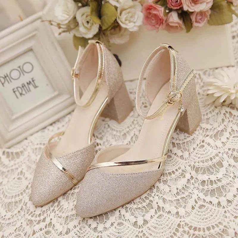 Fashionable women's dress shoes: ankle strap block heel pumps, offering stability and style for events.