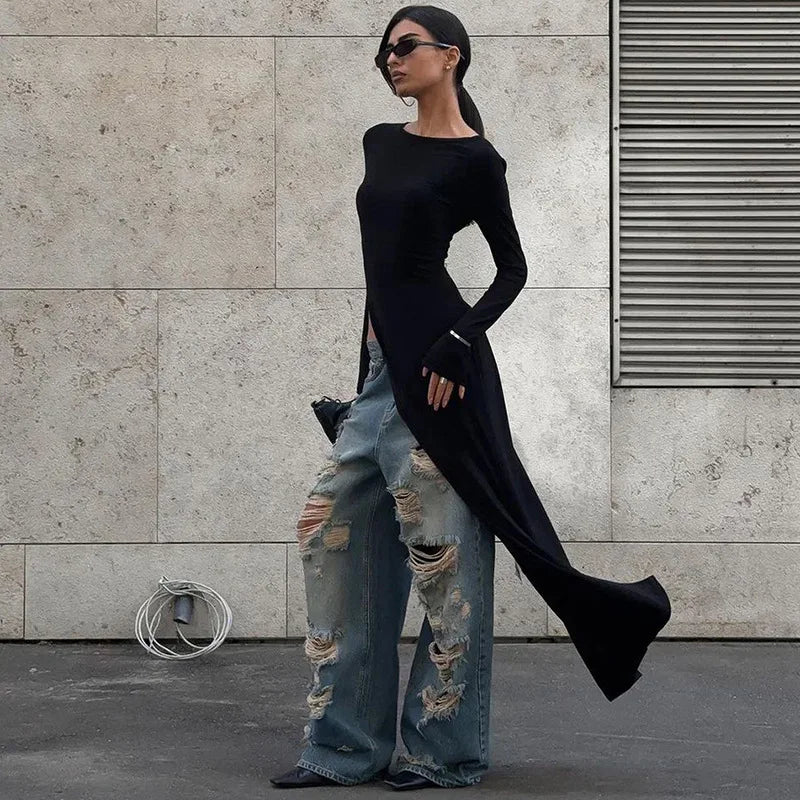 Chic black stretch asymmetrical long sleeve dress for women, ideal as an evening gown or party dress.