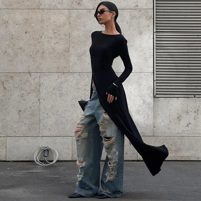 Chic black stretch asymmetrical long sleeve dress for women, ideal as an evening gown or party dress.