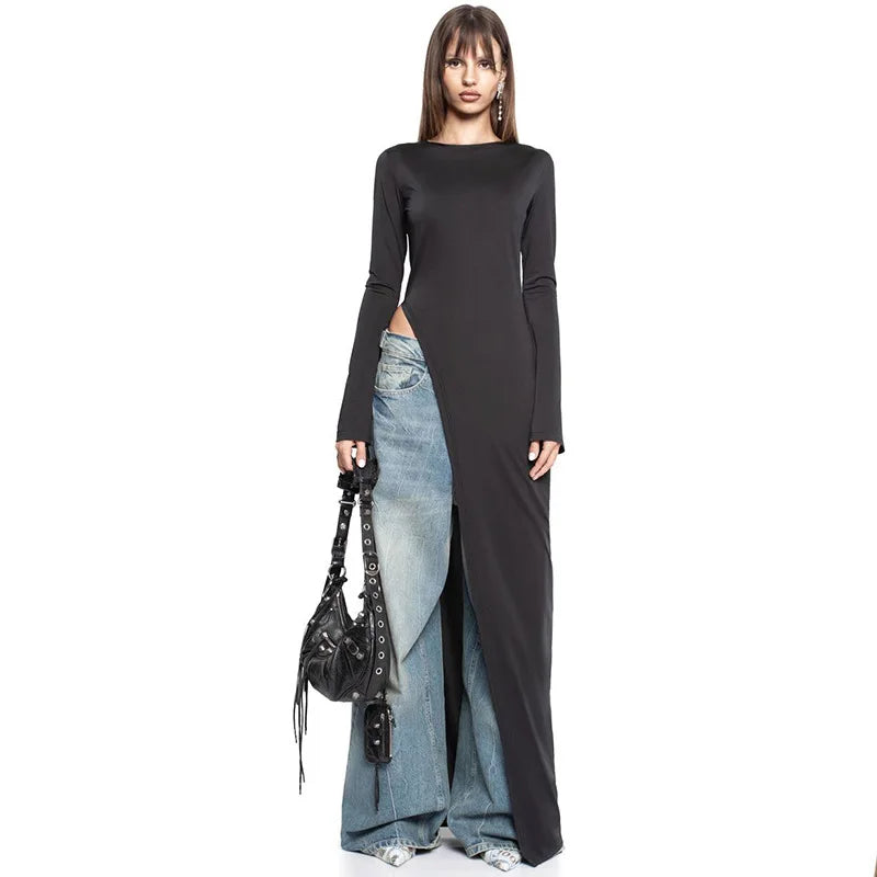 Women's formal black asymmetrical long sleeve cocktail dress, a stylish choice for night outs & elegant fashion.
