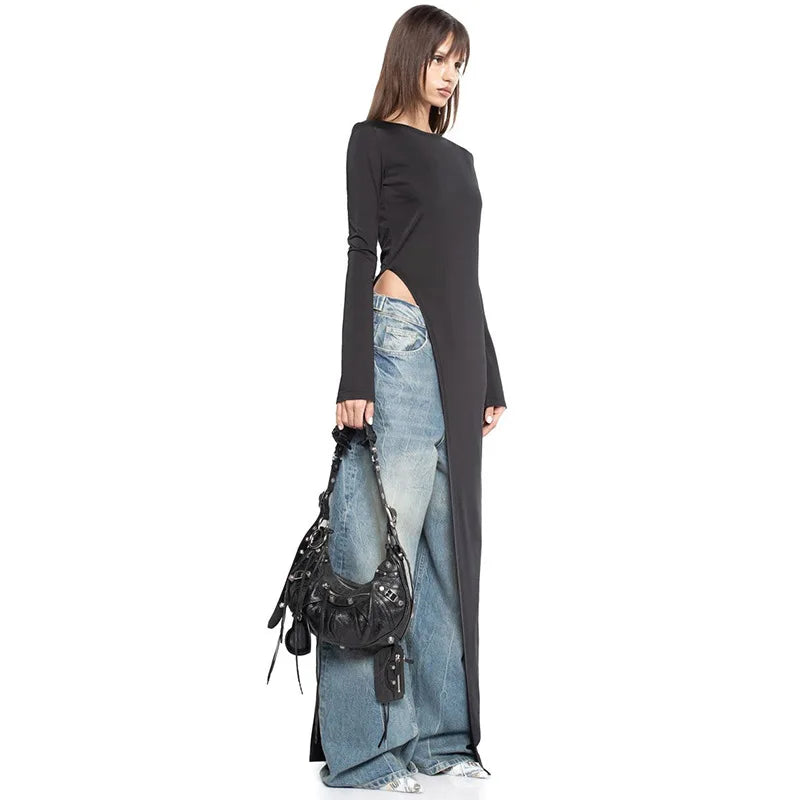 Full-length black asymmetrical women's evening gown with long sleeves, offering a sophisticated & elegant look.
