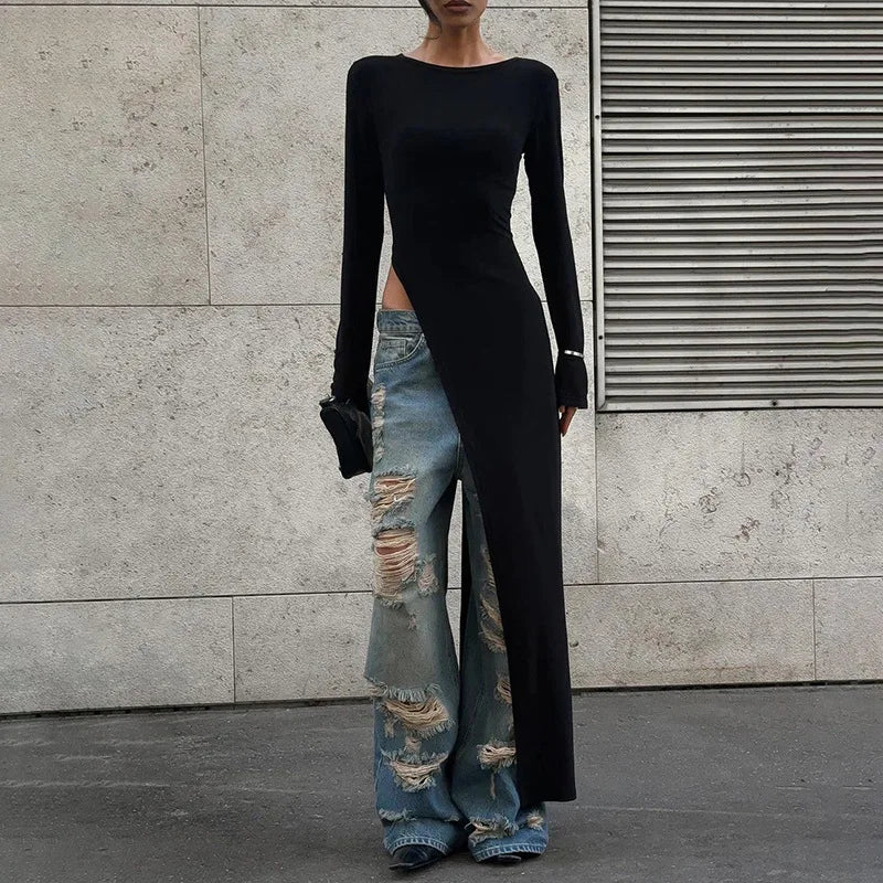 Stylish women's black asymmetrical long sleeve party dress, a versatile evening gown for various occasions.
