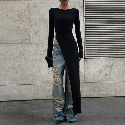 Stylish women's black asymmetrical long sleeve party dress, a versatile evening gown for various occasions.