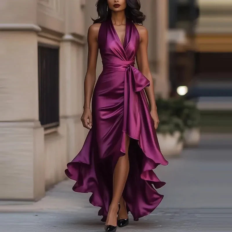 Sophisticated women's asymmetrical off-shoulder maxi dress, a stylish formal gown for special events.