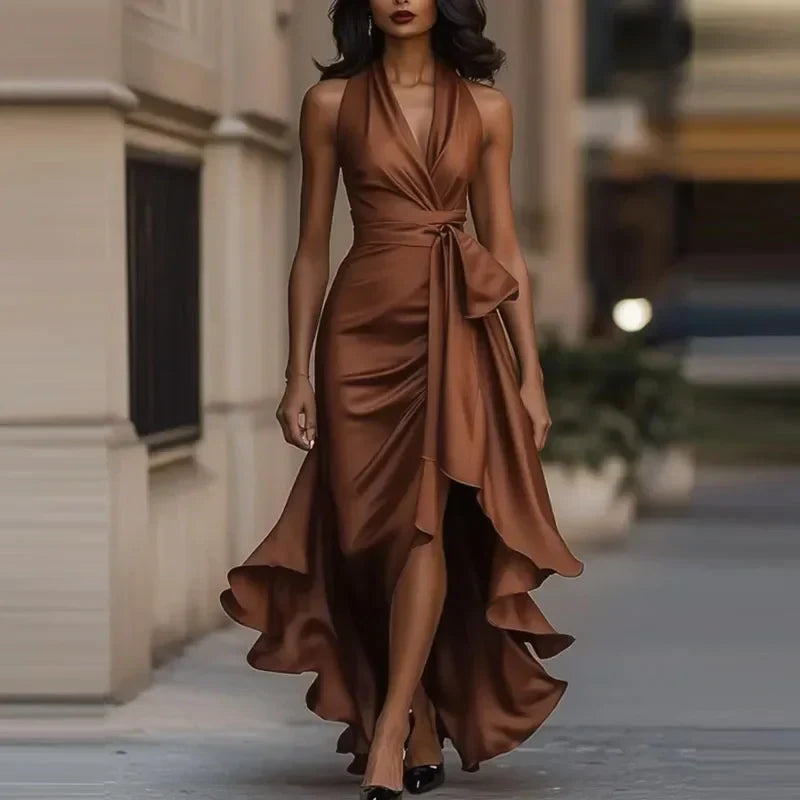 Stunning women's off-shoulder maxi dress, an elegant asymmetrical long dress ideal for special occasions.