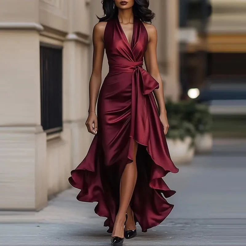 Formal women's pleated off-shoulder maxi dress, elegant asymmetrical evening gown for galas & events.