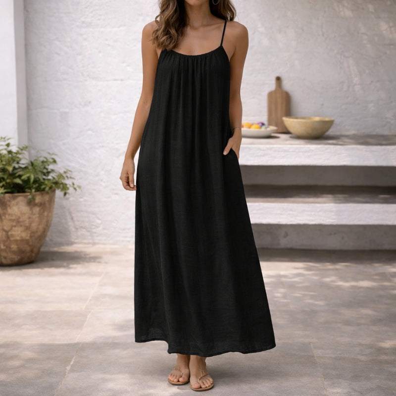 Stylish women's backless cami dress with adjustable straps, versatile for day or evening wear.