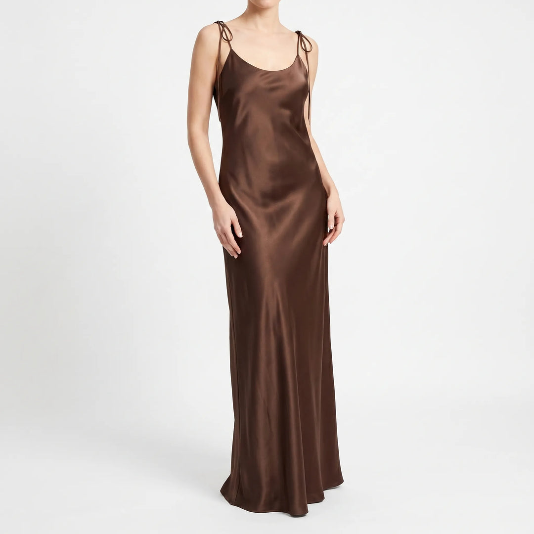 Women's sophisticated backless v-neck slip dress, a floor-length evening gown for special occasions.
