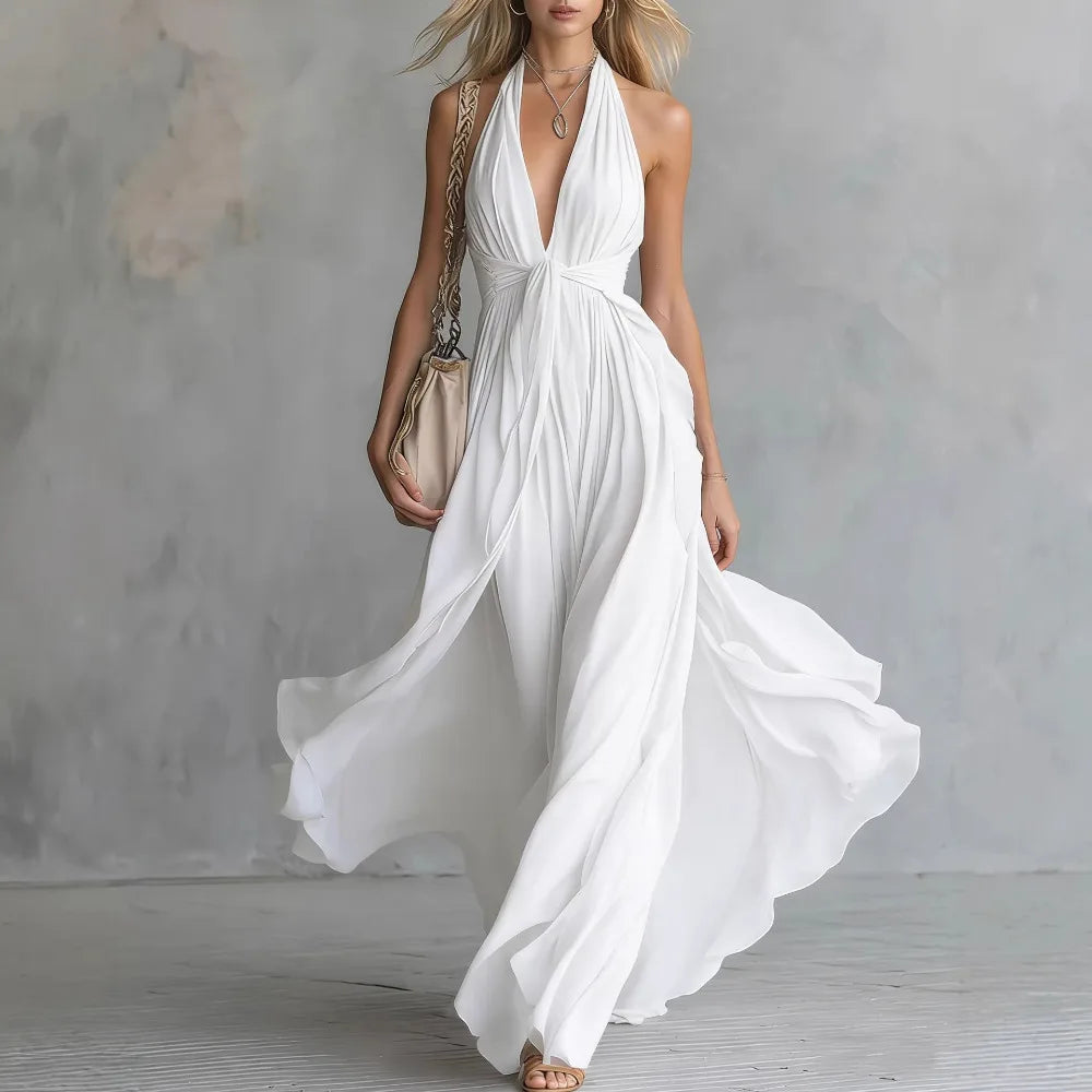 Stylish women's summer maxi dress, backless halter design with a chic pleated side slit for vacation parties.