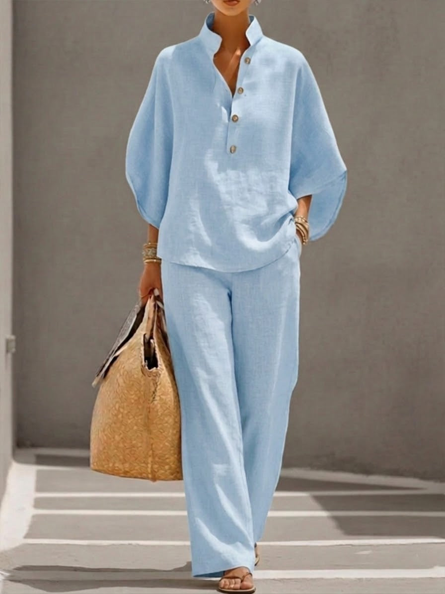 Comfortable women's batwing top & wide leg pants set, a chic and flowy matching outfit for spring fashion.