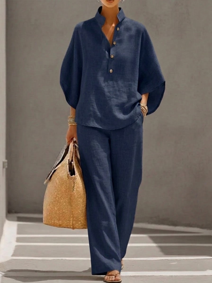 Versatile women's batwing top and wide leg pants set, a modern and comfortable two-piece for spring/summer wear.