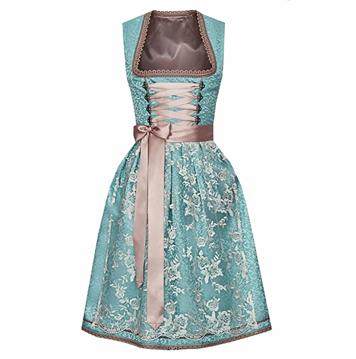 Traditional women's Dirndl dress with cultural details. Ideal elegant party or festive wear for Bavarian celebrations.