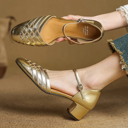 Elegant block heels for women, featuring an adjustable ankle strap for a secure and comfortable fit.