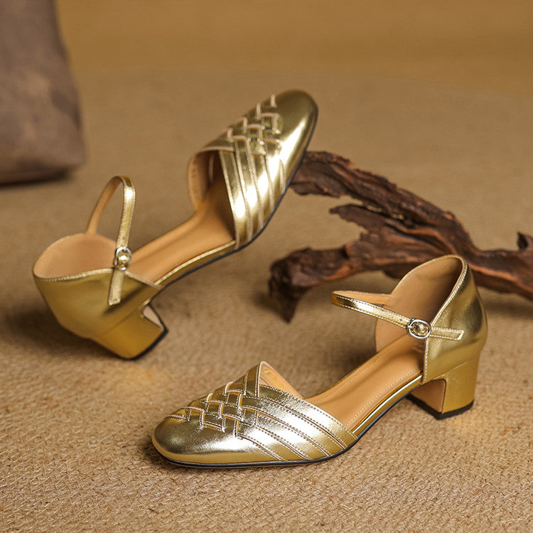 Party-ready gold block heels for women with elegant design and adjustable ankle strap.