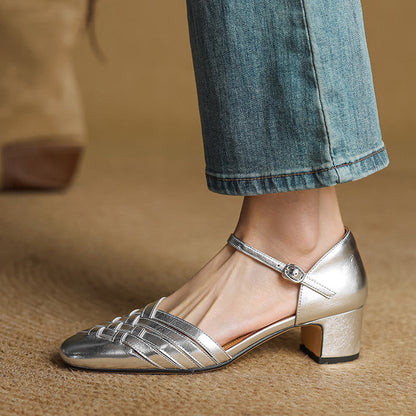 Women's dressy silver block heels, comfortable with an adjustable ankle strap, perfect for evenings.