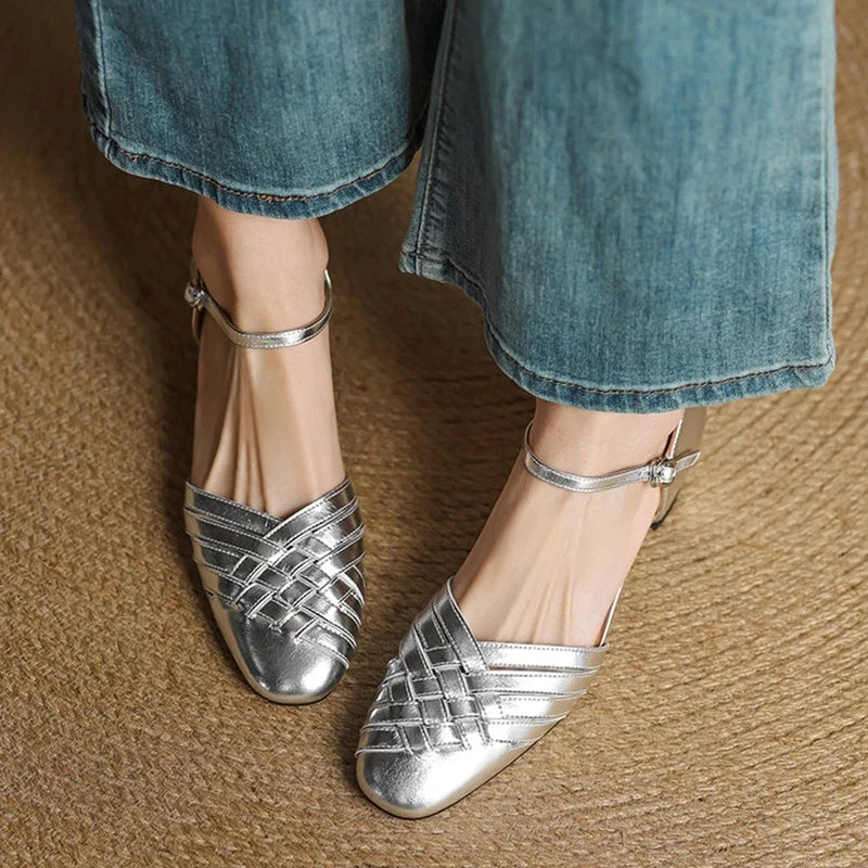Versatile beige block heels for women, elegant and comfortable with an adjustable ankle strap.