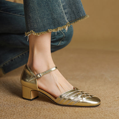 Comfortable elegant block heels for women, stylish and secure with an adjustable ankle strap.