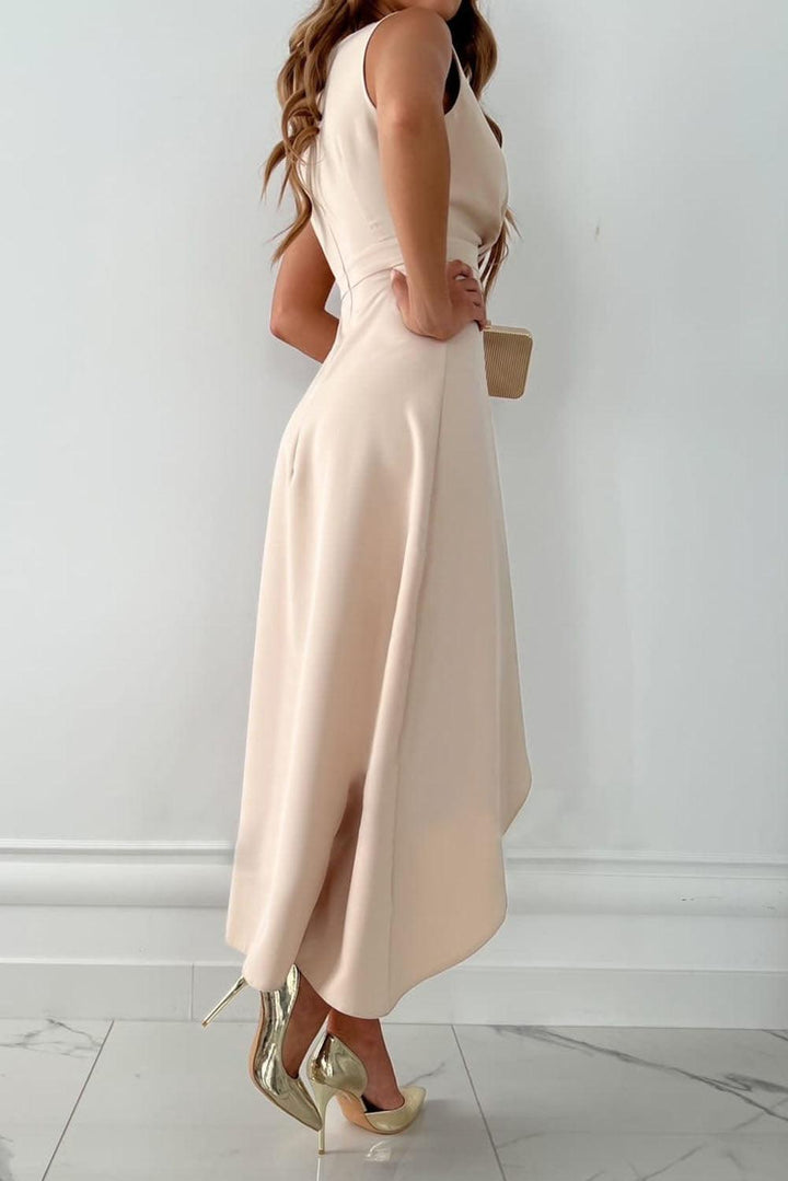 Flattering women's beige wrap midi dress with V-neck and adjustable tie, ideal for special occasions or casual chic.