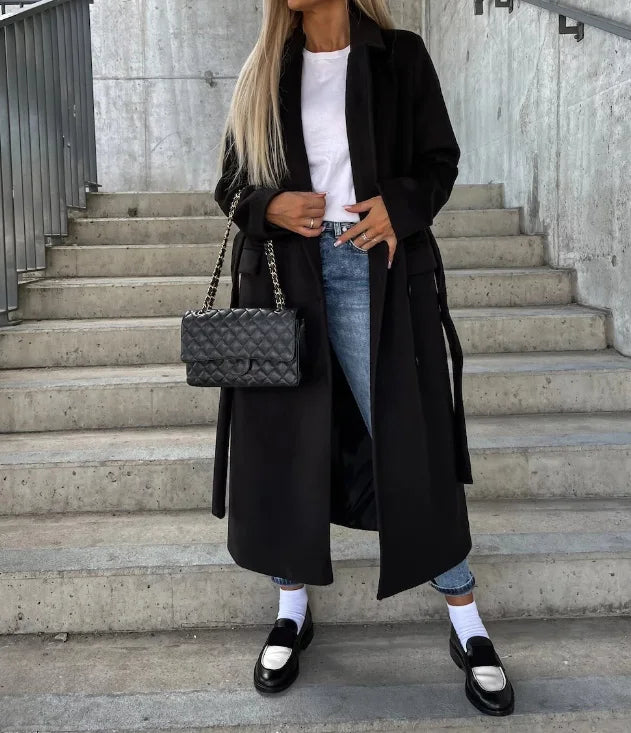 Structured women's belted long coat, a tailored trench for elegant office wear & sophisticated fall/winter style.