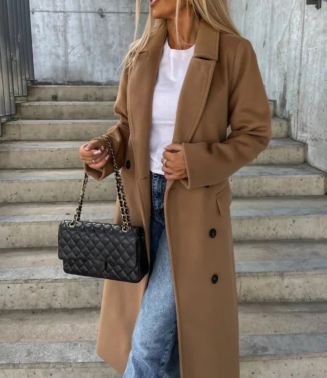 Versatile women's elegant long coat, a tailored belted trench ideal for office, fall, and chic winter outerwear.