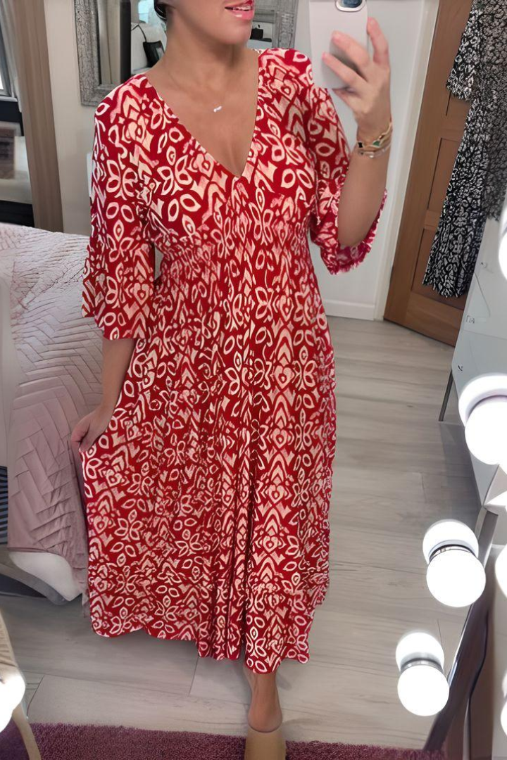 Stylish women's printed midi dress with flattering belted waist. Perfect elegant choice for spring parties & events.
