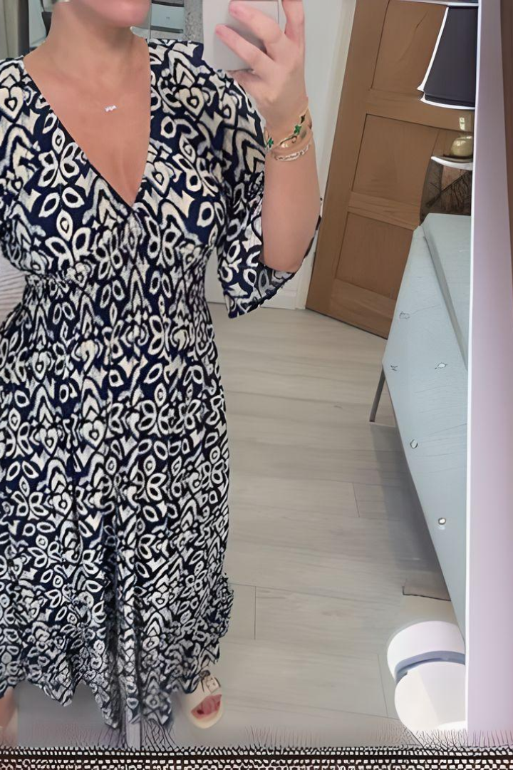 Flattering women's belted printed midi dress. An elegant long spring/summer dress for various formal occasions.