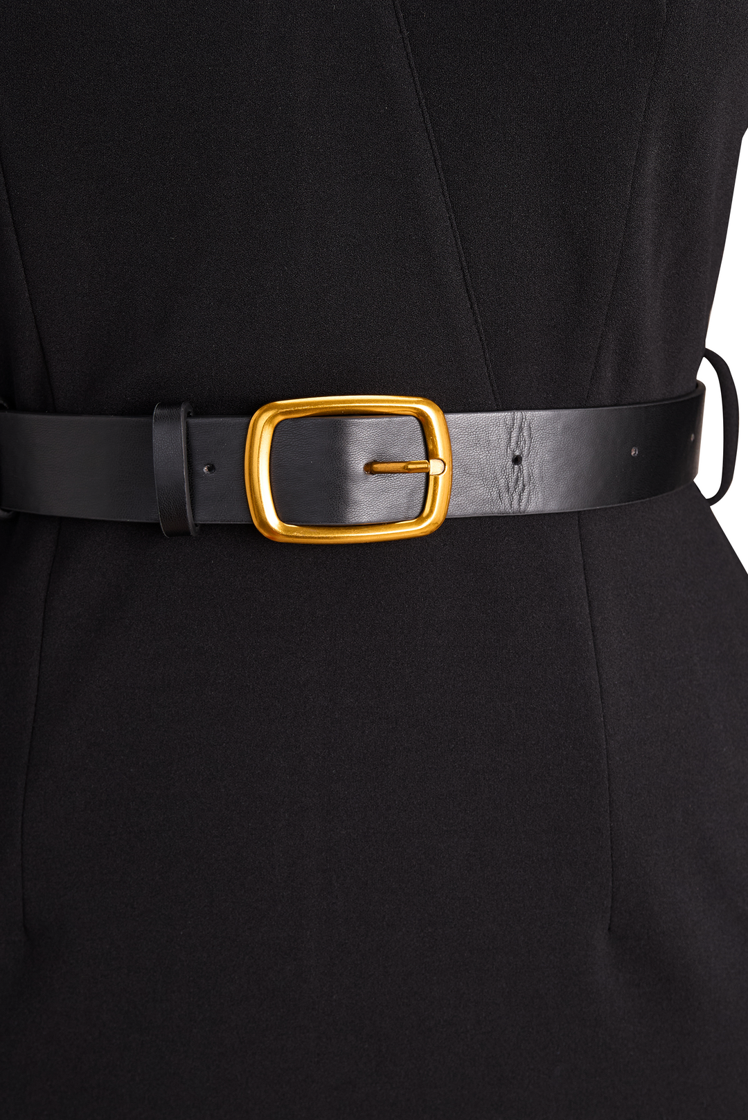 Sophisticated women's belted sheath midi dress with an elegant mandarin collar detail.