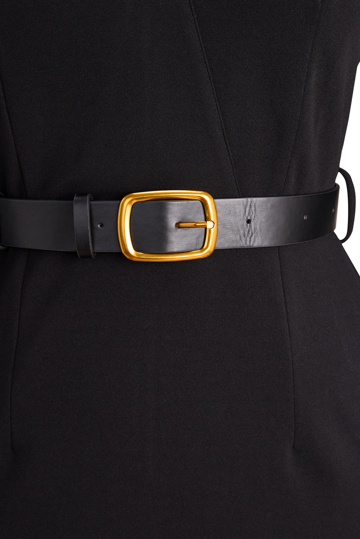 Sophisticated women's belted sheath midi dress with an elegant mandarin collar detail.