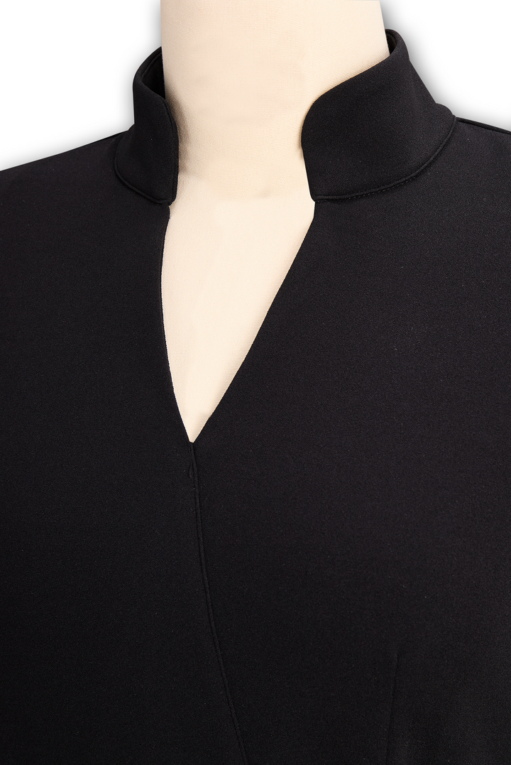 Flattering women's formal midi sheath dress, featuring a cinched belt and mandarin collar.