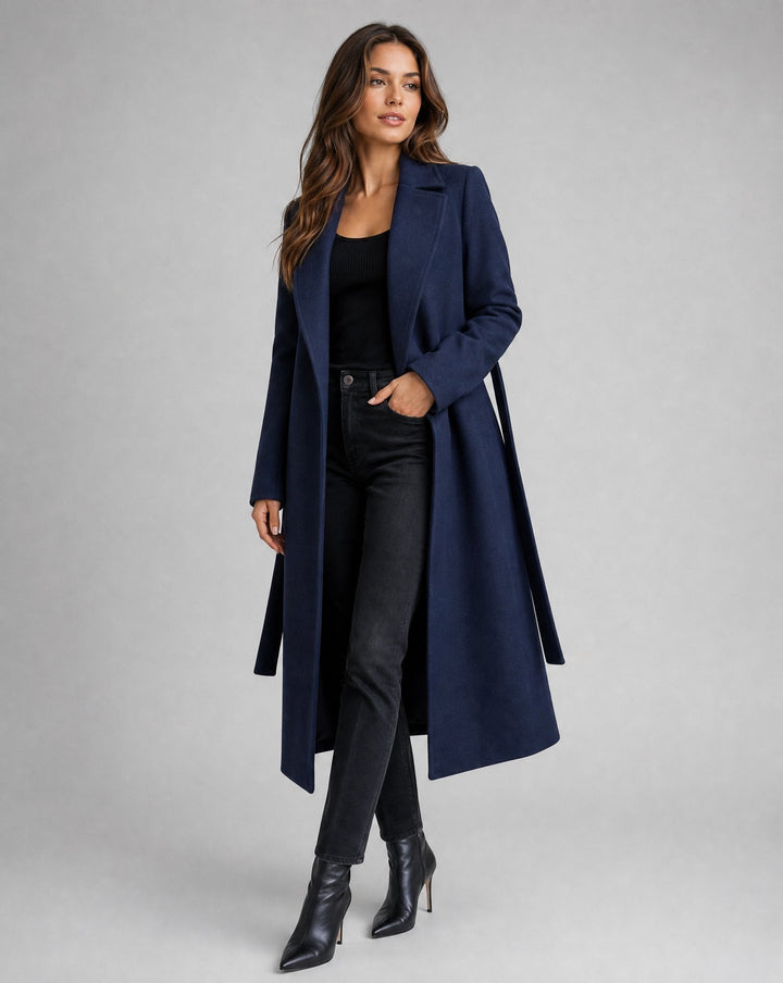 Elegant women's belted trench coat, structured fit, ideal outerwear for sophisticated office & evening wear.