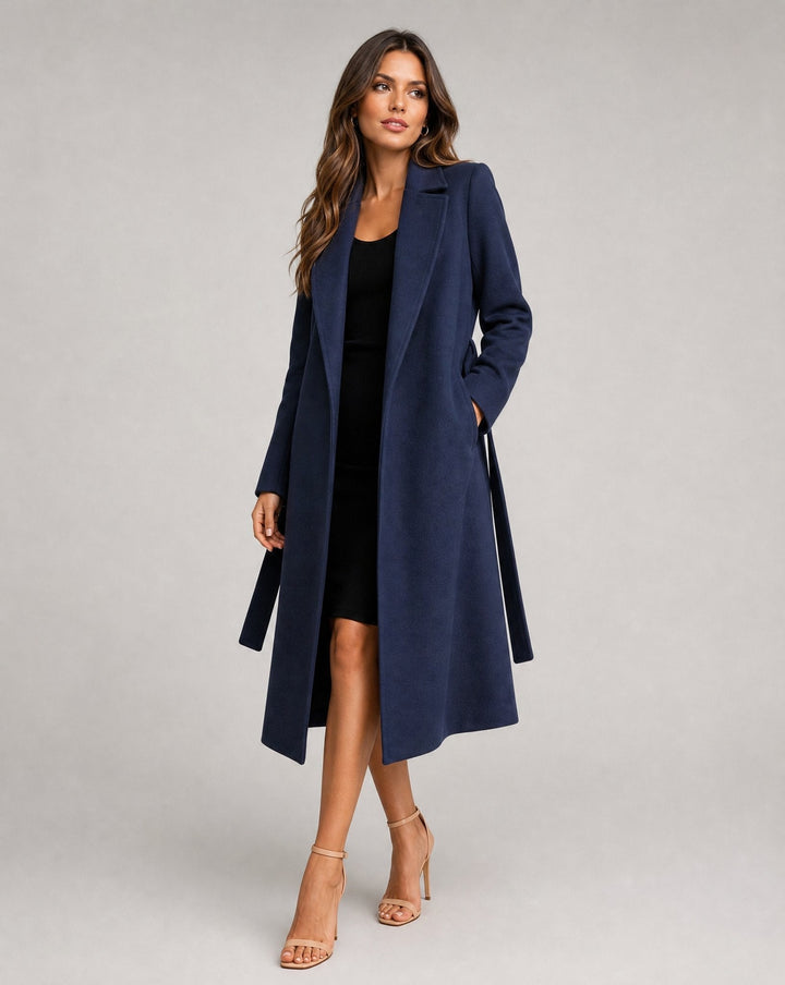 Women's formal belted trench coat, structured for a chic silhouette; perfect office & evening outerwear.