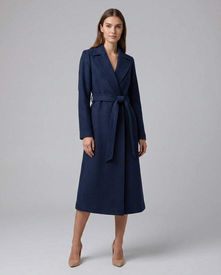 Classic women's long trench coat with belt, structured fit for elegant professional office & evening attire.