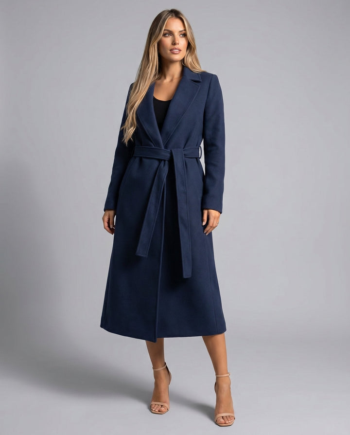 Sophisticated women's structured fit trench coat, belted for an elegant look, ideal for office & evening.