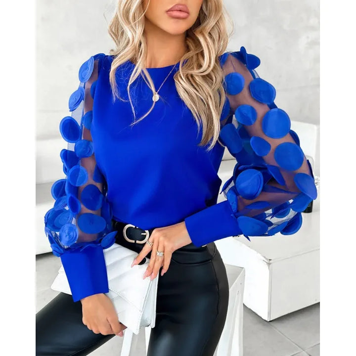 Stylish women's sheer sleeve appliqué blouse in red, blue, or black. Features round neck & long sleeves for elegant party wear.