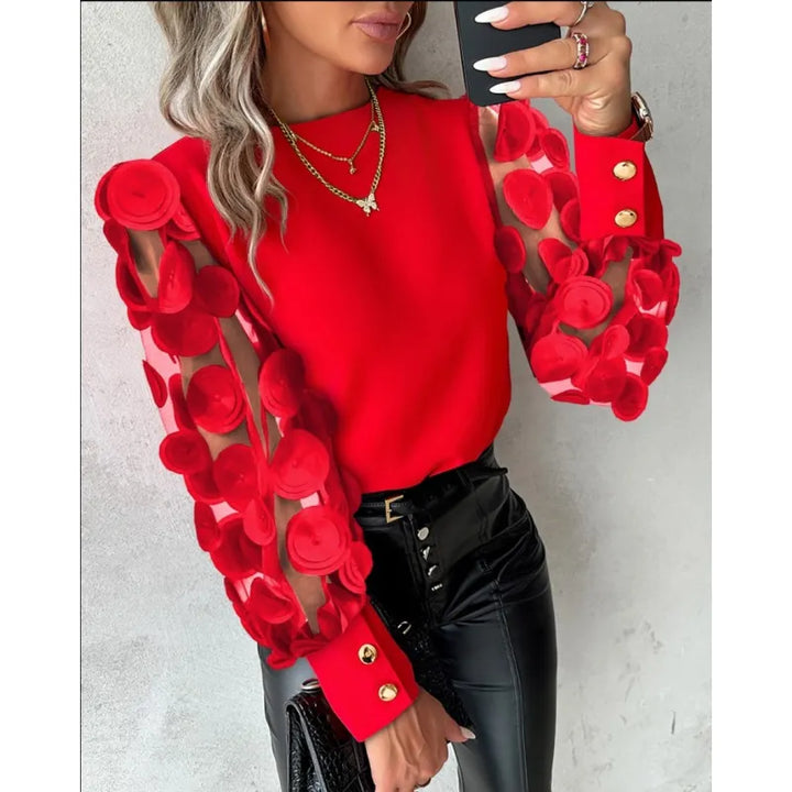 Dressy women's blouse: sheer long sleeves with beautiful appliqué on a stylish round neck top. Available in multiple colors.