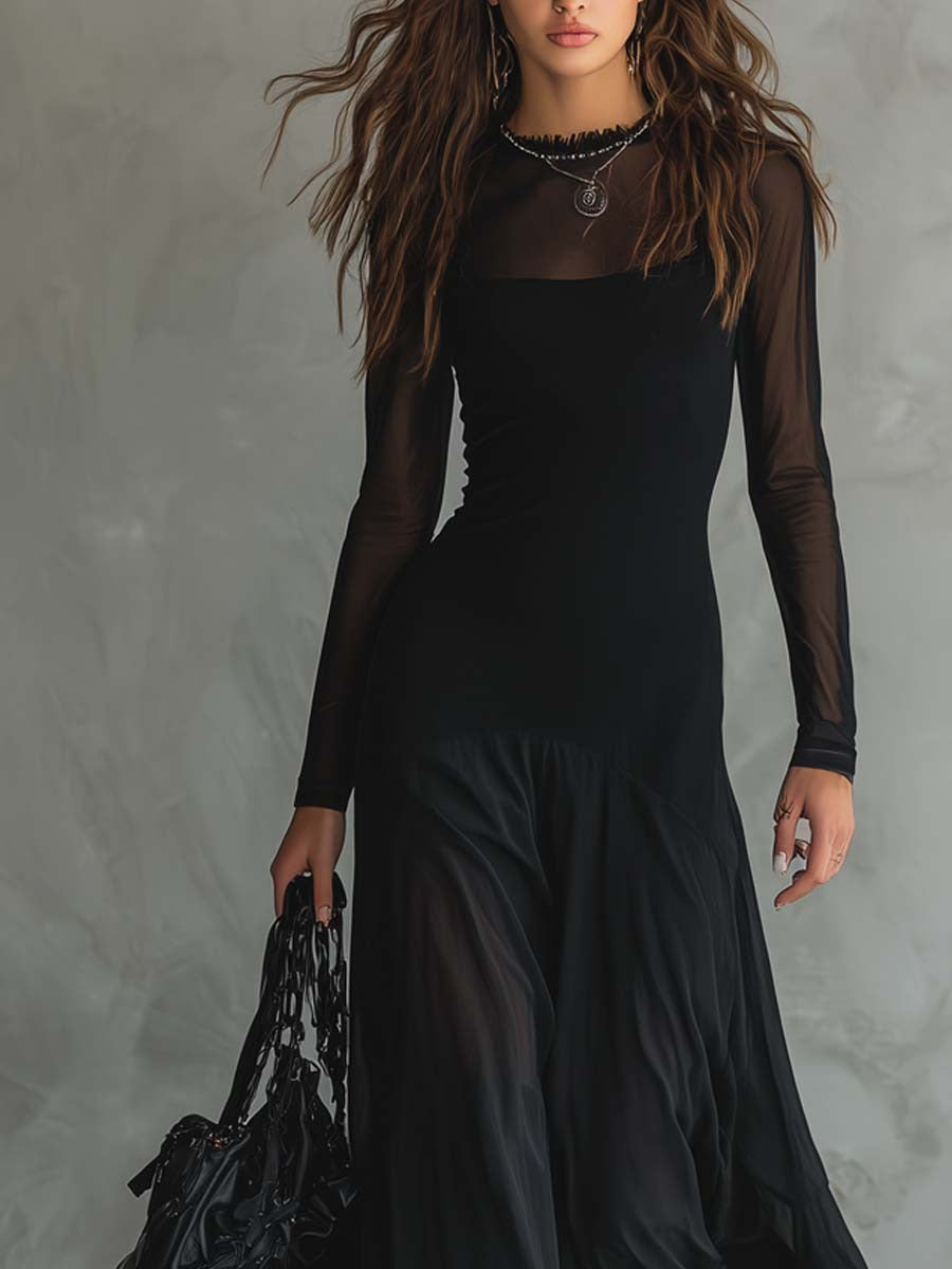 Chic black flowing maxi dress for women, versatile for any occasion; sophisticated and comfortable long sleeve style.