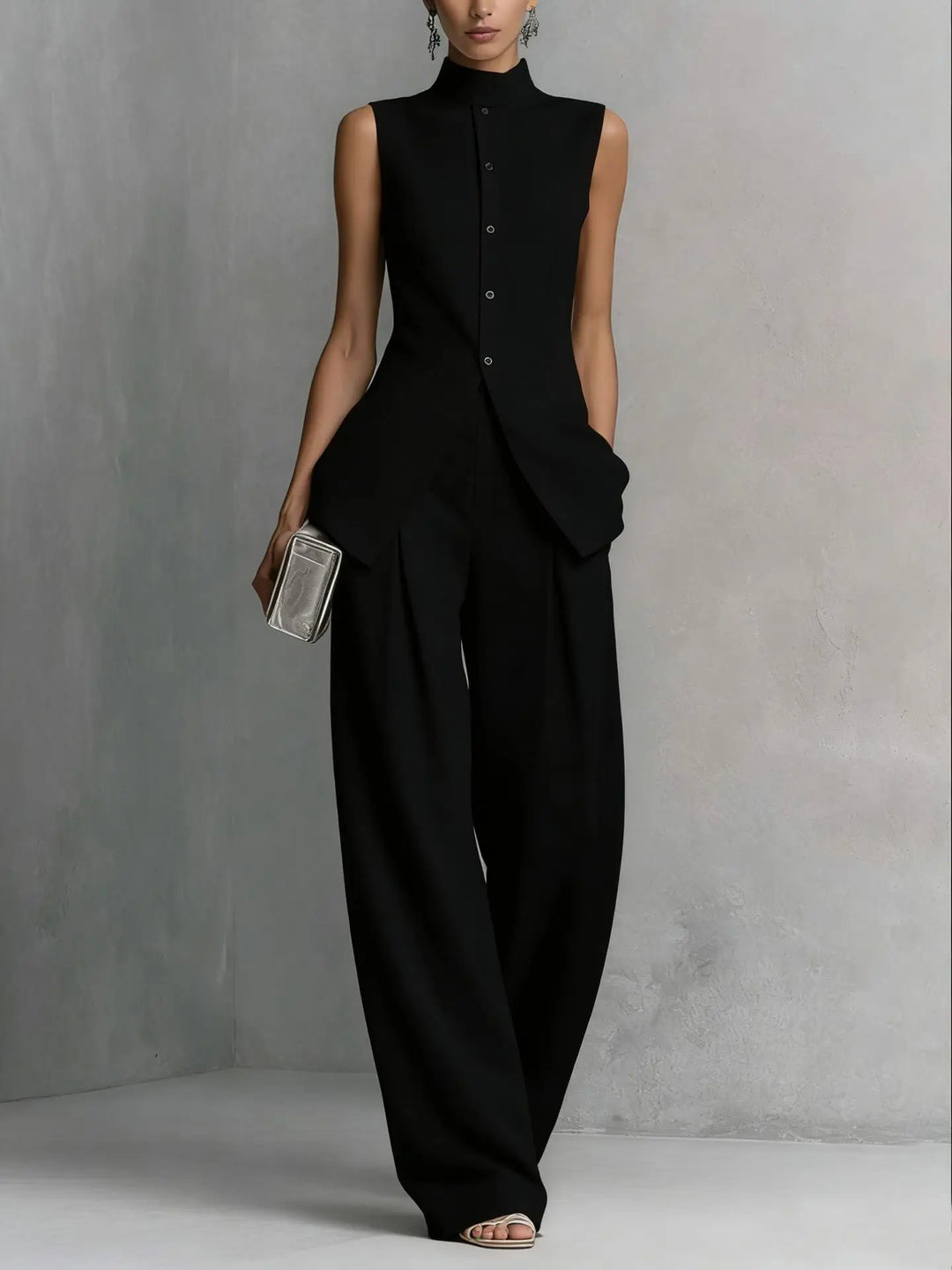 Elegant women's black high neck wide leg jumpsuit, perfect for formal events or office wear. Sophisticated sleeveless.