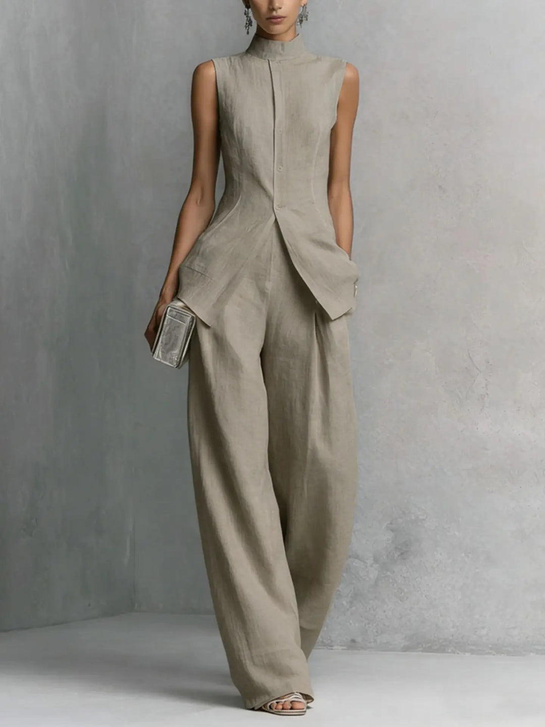 Modern women's wide leg jumpsuit with a chic high neck, ideal for cocktail attire, special occasions, or minimalist style.