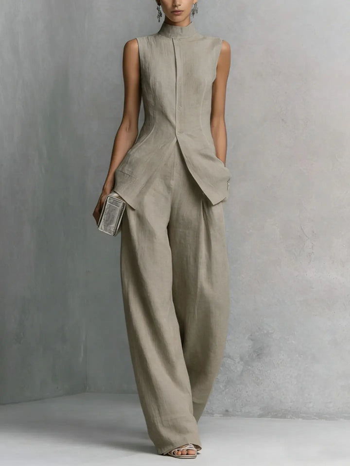 Modern women's wide leg jumpsuit with a chic high neck, ideal for cocktail attire, special occasions, or minimalist style.