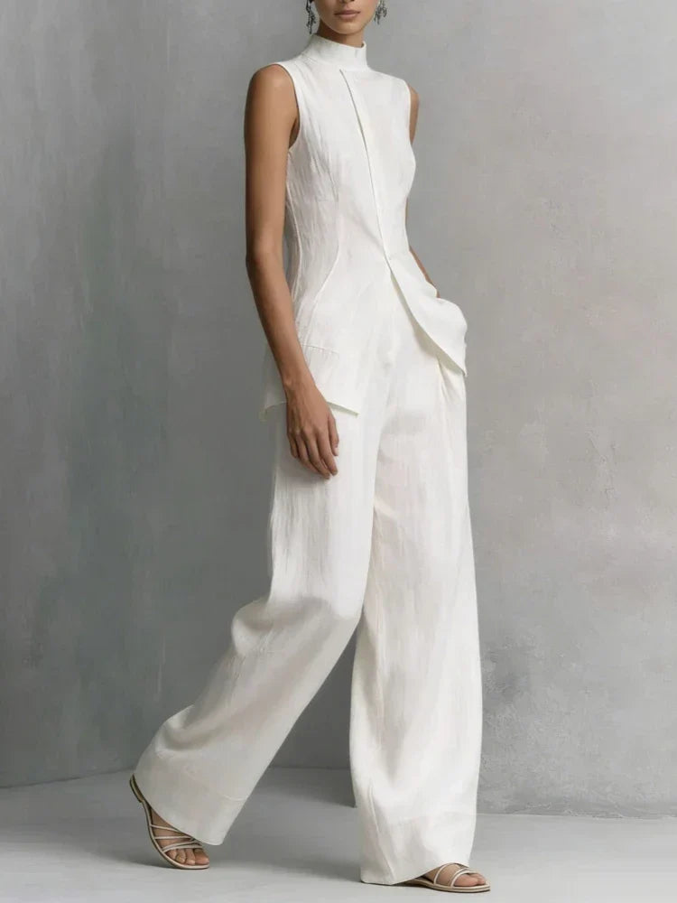 Stylish women's high neck wide leg jumpsuit, versatile for office fashion or elegant evening wear. A modern choice.