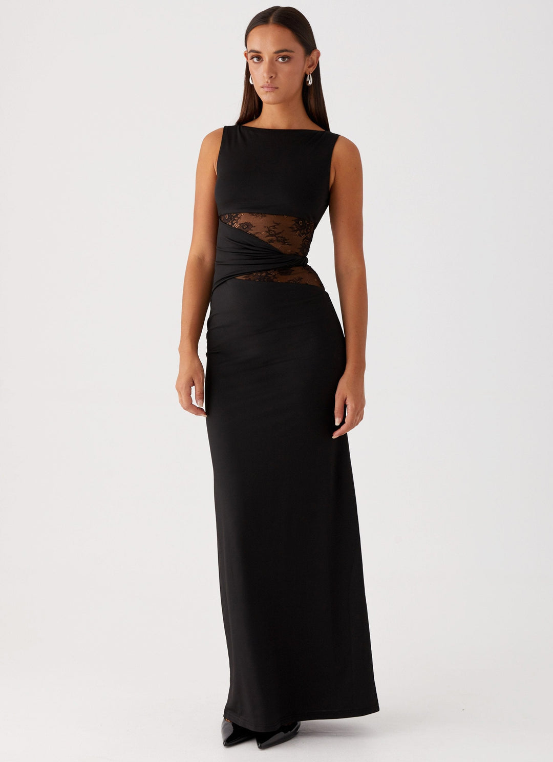 Elegant women's black lace cut out maxi dress, perfect for formal evening events & parties.