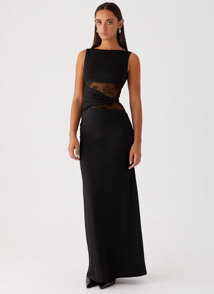 Elegant women's black lace cut out maxi dress, perfect for formal evening events & parties.
