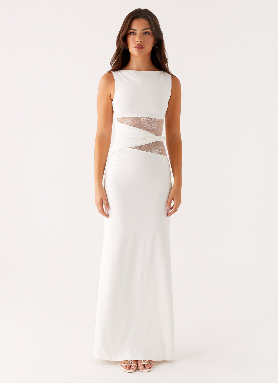 Beautiful formal evening gown for women, a sophisticated maxi dress with lace, cut-outs & an elegant boat neck.