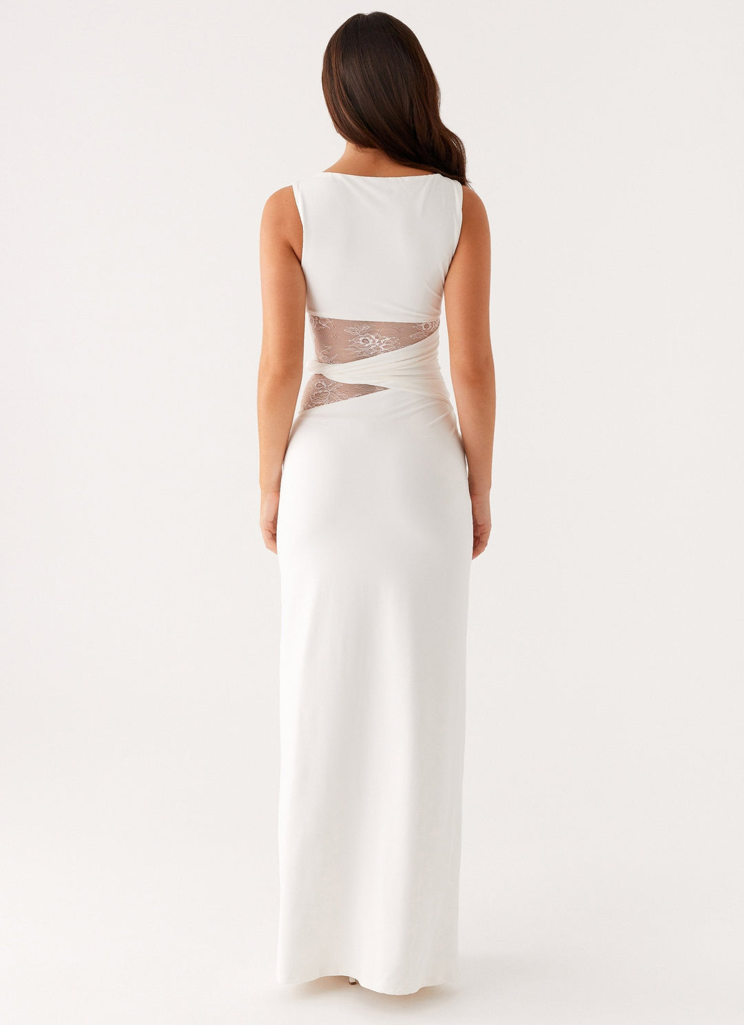 Sophisticated black cut-out maxi dress for women, a lace formal evening gown with elegant boat neck.